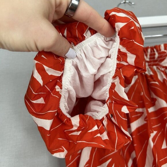 Whit Two Anthro Womens Dress Medium Red Banana Leaf Off Shoulder Smocked Poplin - Picture 4 of 13